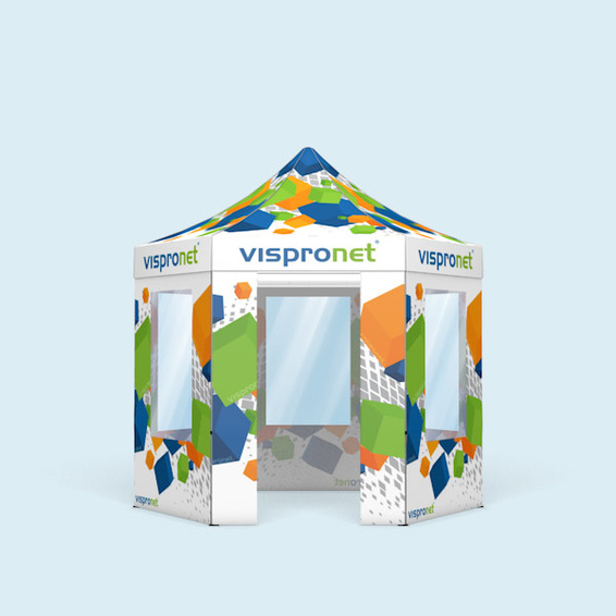 Faltzelt Select Hexagon mit individuell bedrucktem Zeltdach und Zeltwänden