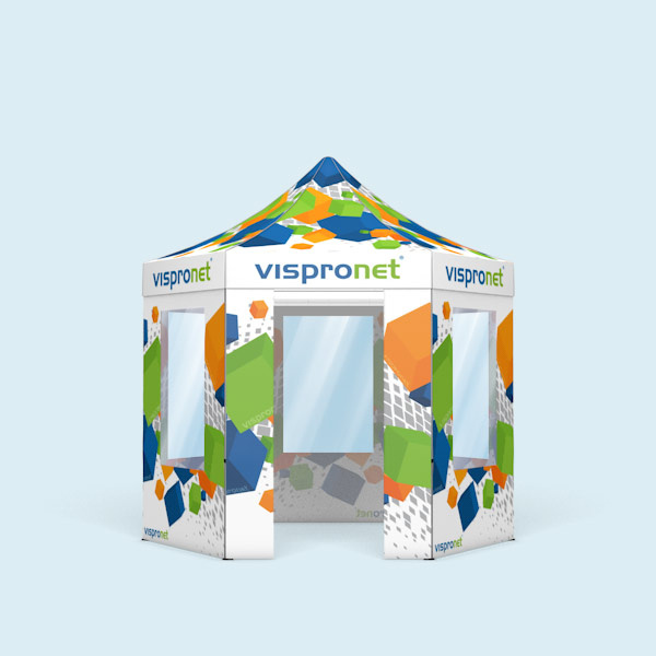 Faltzelt Select Hexagon mit individuell bedrucktem Zeltdach und Zeltwänden