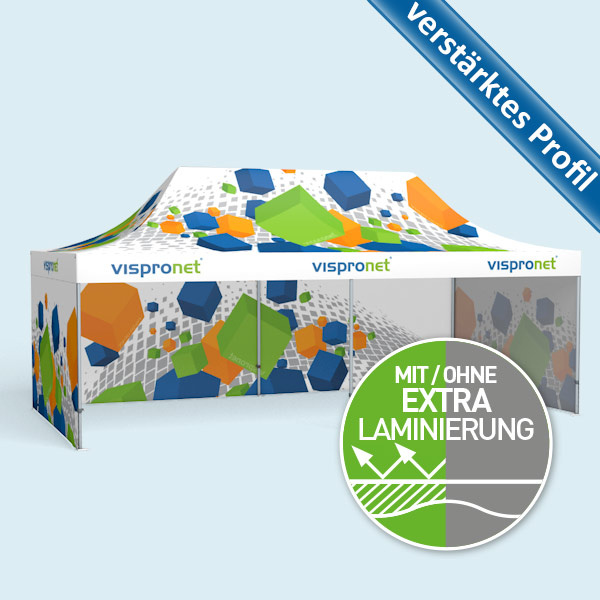 Faltzelt Premium 4 x 8 m mit 3 geschlossenen Wänden, mit Druck