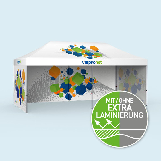 Faltzelt Basic 3 x 6 m mit 3 Vollwänden (1 Motiv innen), mit Druck