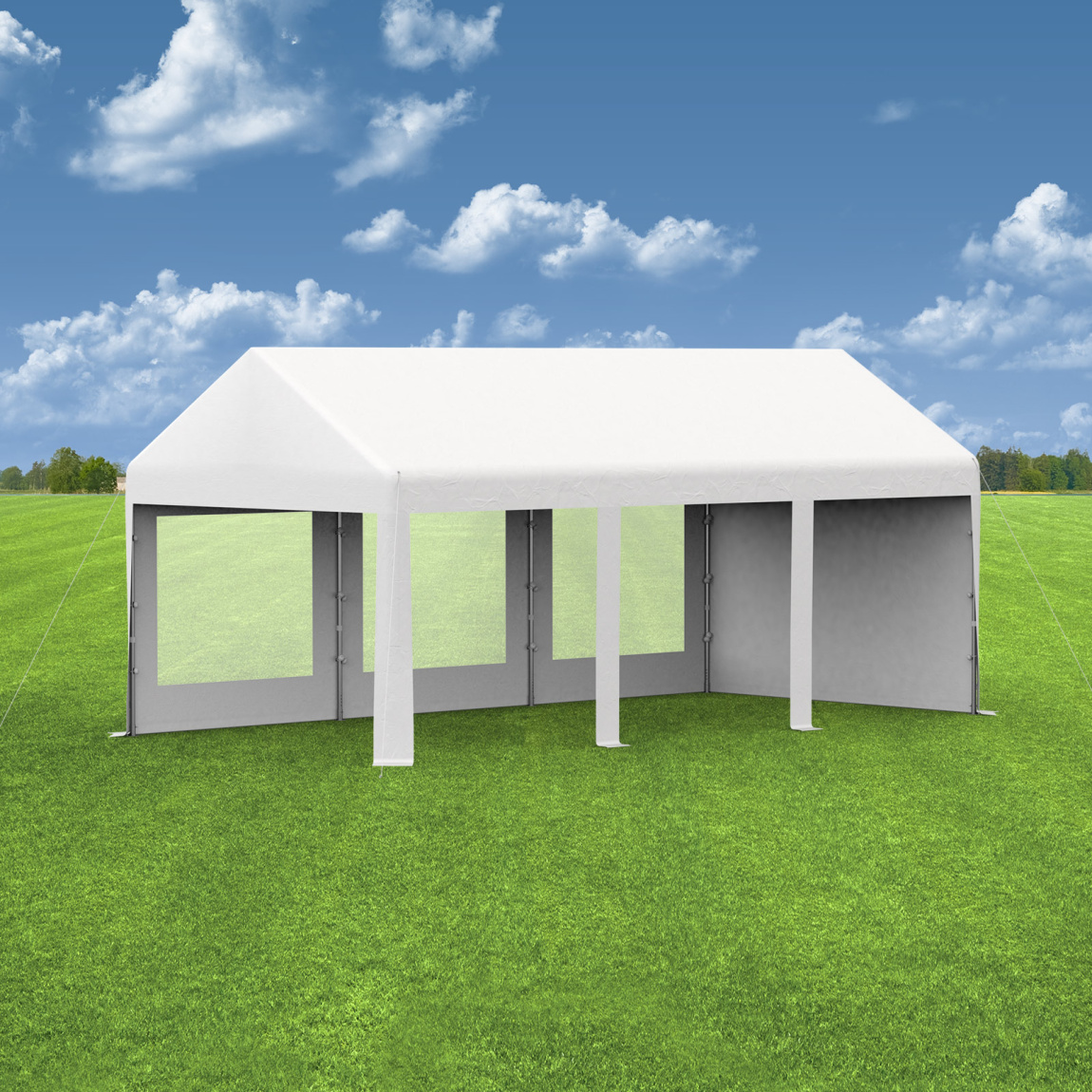 Partyzelt 3x6: 1 Zeltseite Wände mit Fenstern, 1 Giebelseite mit Vollwand