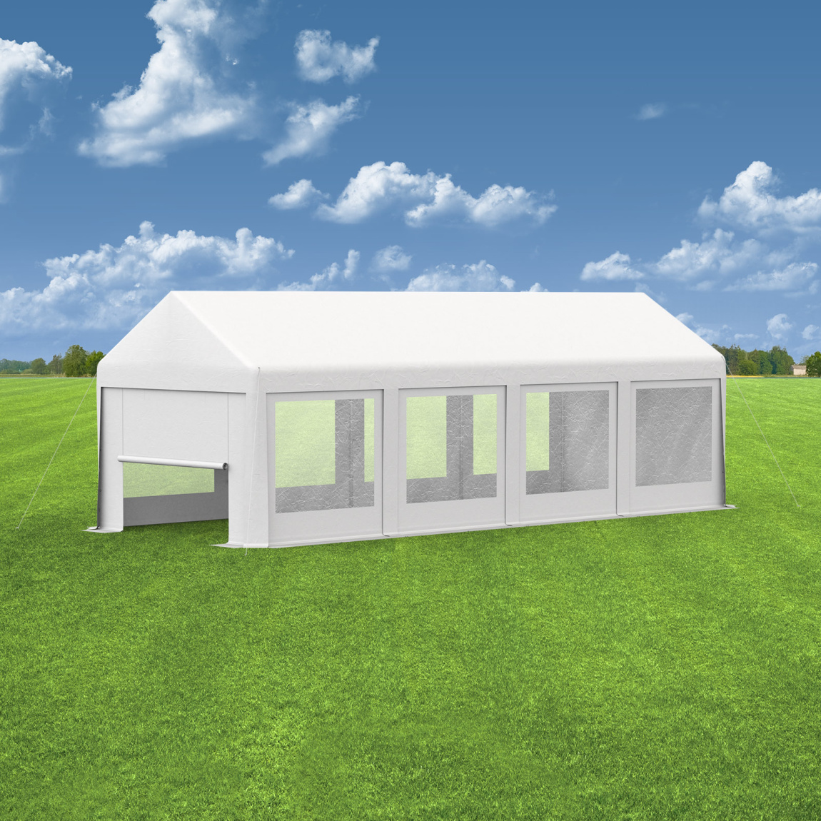Partyzelt 3x8: Zeltwände mit Fenstern, Giebelseiten Vollwand & Wand mit Tür