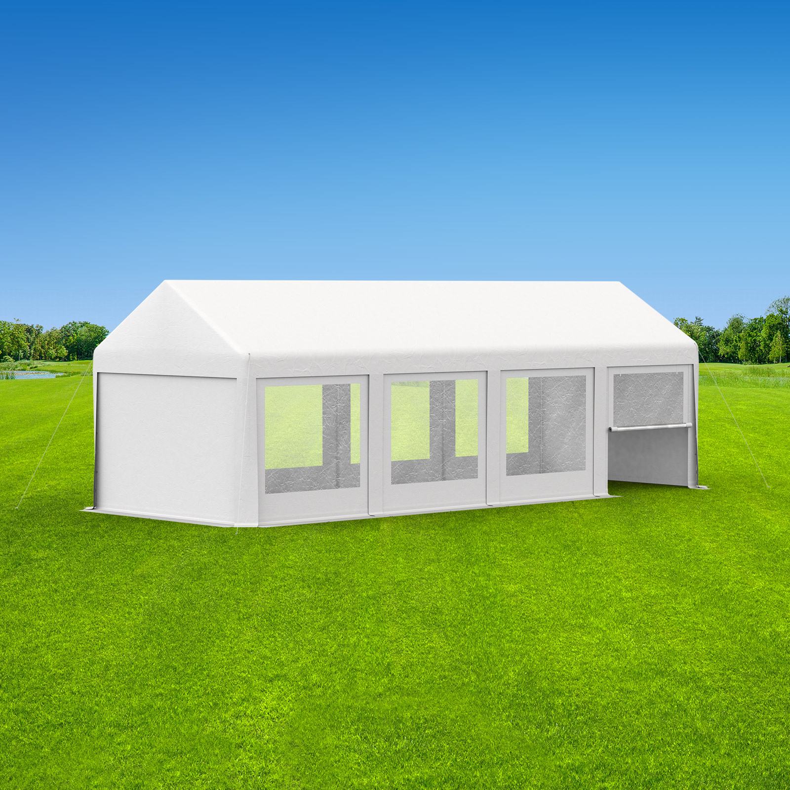 Partyzelt 3x8: Zeltseiten Wände mit Fenstern & Tür, Giebelseiten mit Vollwand