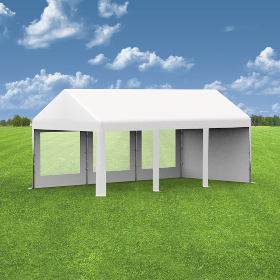 Partyzelt 3x6: 1 Zeltseite Wände mit Fenstern, 1 Giebelseite mit Vollwand