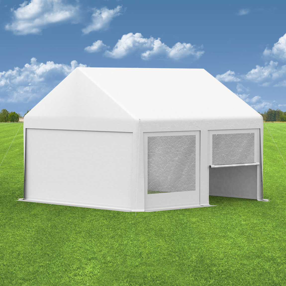 Partyzelt 4x4: Zeltseiten Wände mit Fenstern & Tür, Giebelseiten mit Vollwand