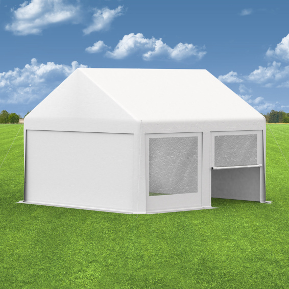 Partyzelt 4x4: Zeltseiten Wände mit Fenstern & Tür, Giebelseiten mit Vollwand