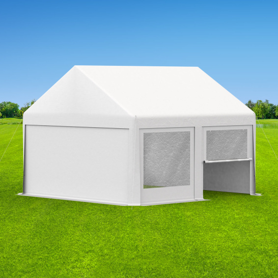 Partyzelt 4x4: Zeltseiten Wände mit Fenstern & Tür, Giebelseiten mit Vollwand