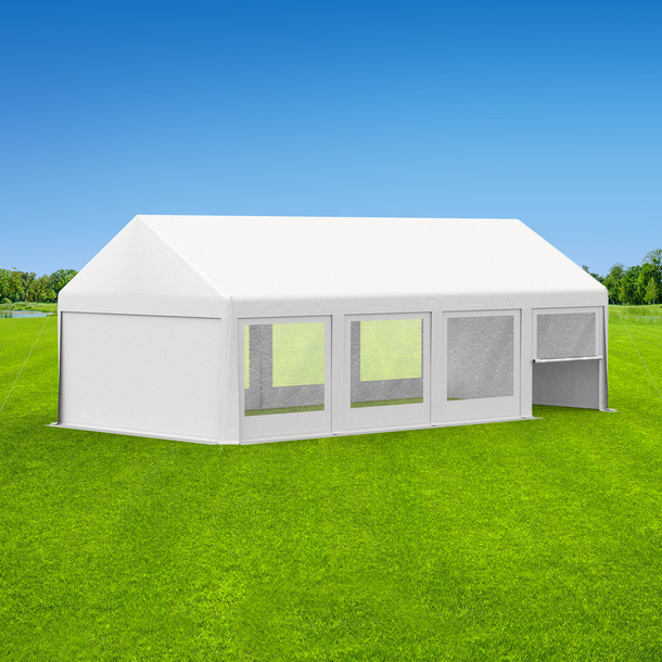 Partyzelt 4x8: Zeltseiten Wände mit Fenstern & Tür, Giebelseiten mit Vollwand