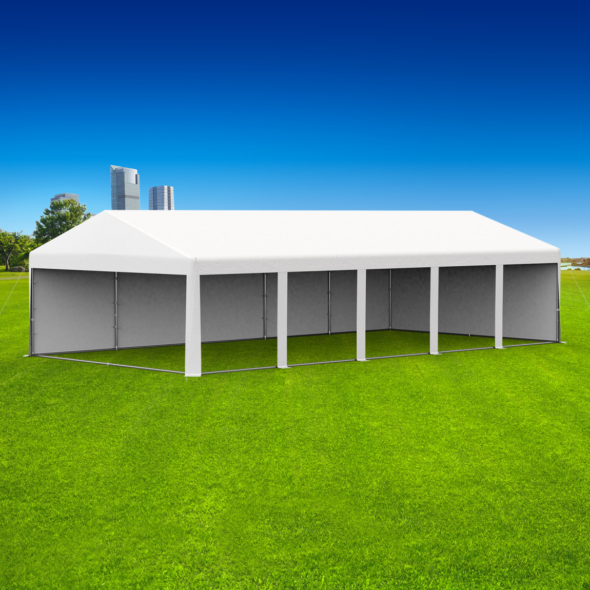 Partyzelt 5x10: 1 Zeltseite mit Vollwänden, 1 Giebelseite mit Vollwand