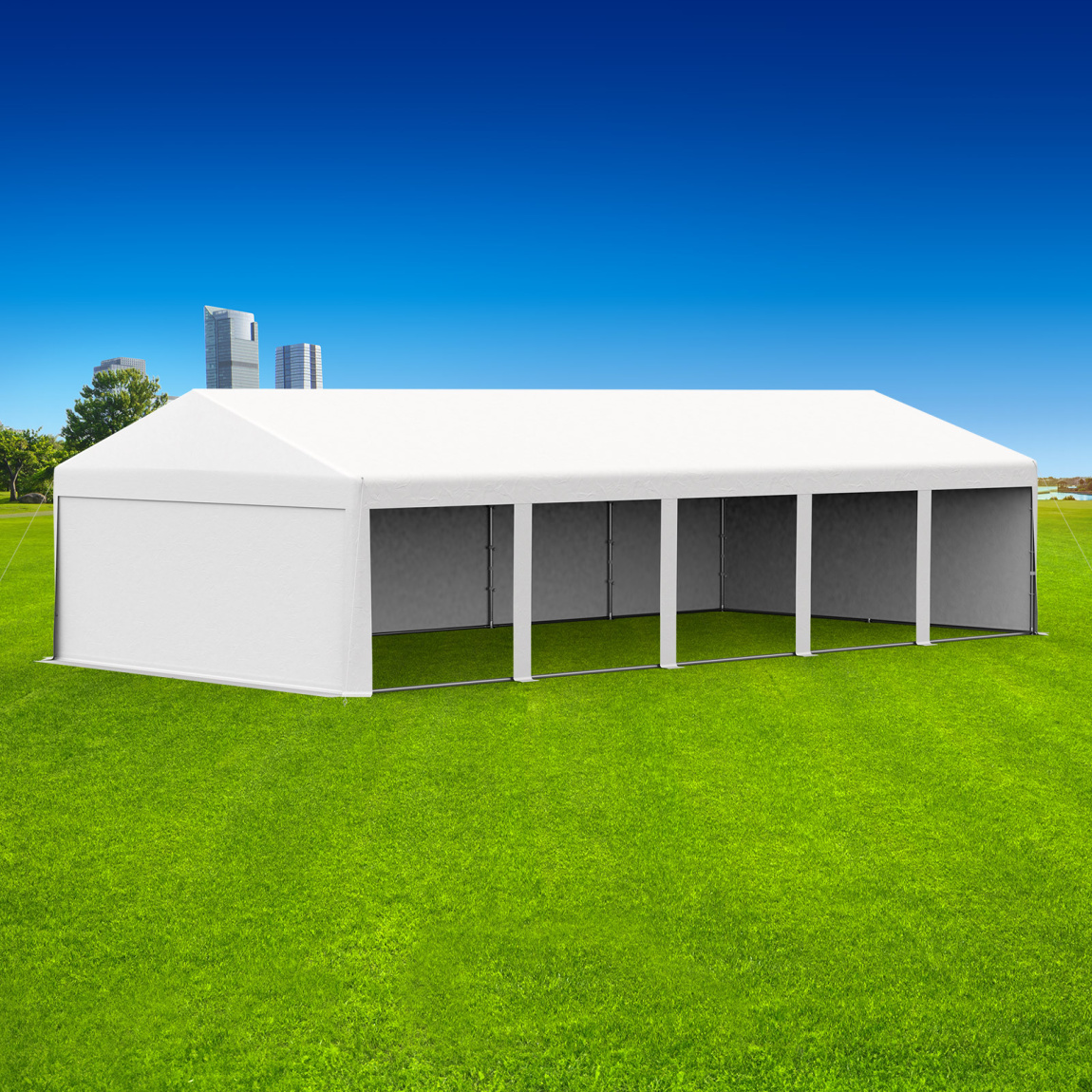 Partyzelt 5x10: 1 Zeltseite mit Vollwänden, Giebelseiten mit Vollwänden
