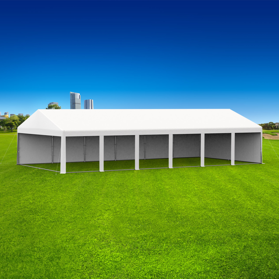 Partyzelt 6x12: 1 Zeltseite mit Vollwänden, 1 Giebelseite mit Vollwand