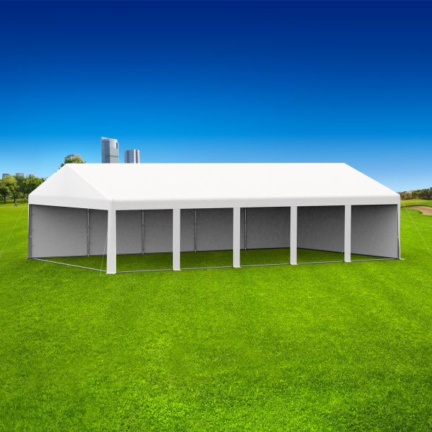 Partyzelt 6x10: 1 Zeltseite mit Vollwänden, 1 Giebelseite mit Vollwand