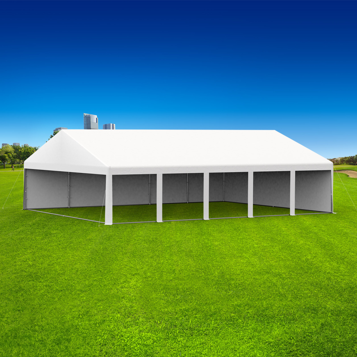 Partyzelt 8x10: 1 Zeltseite mit Vollwänden, 1 Giebelseite mit Vollwand