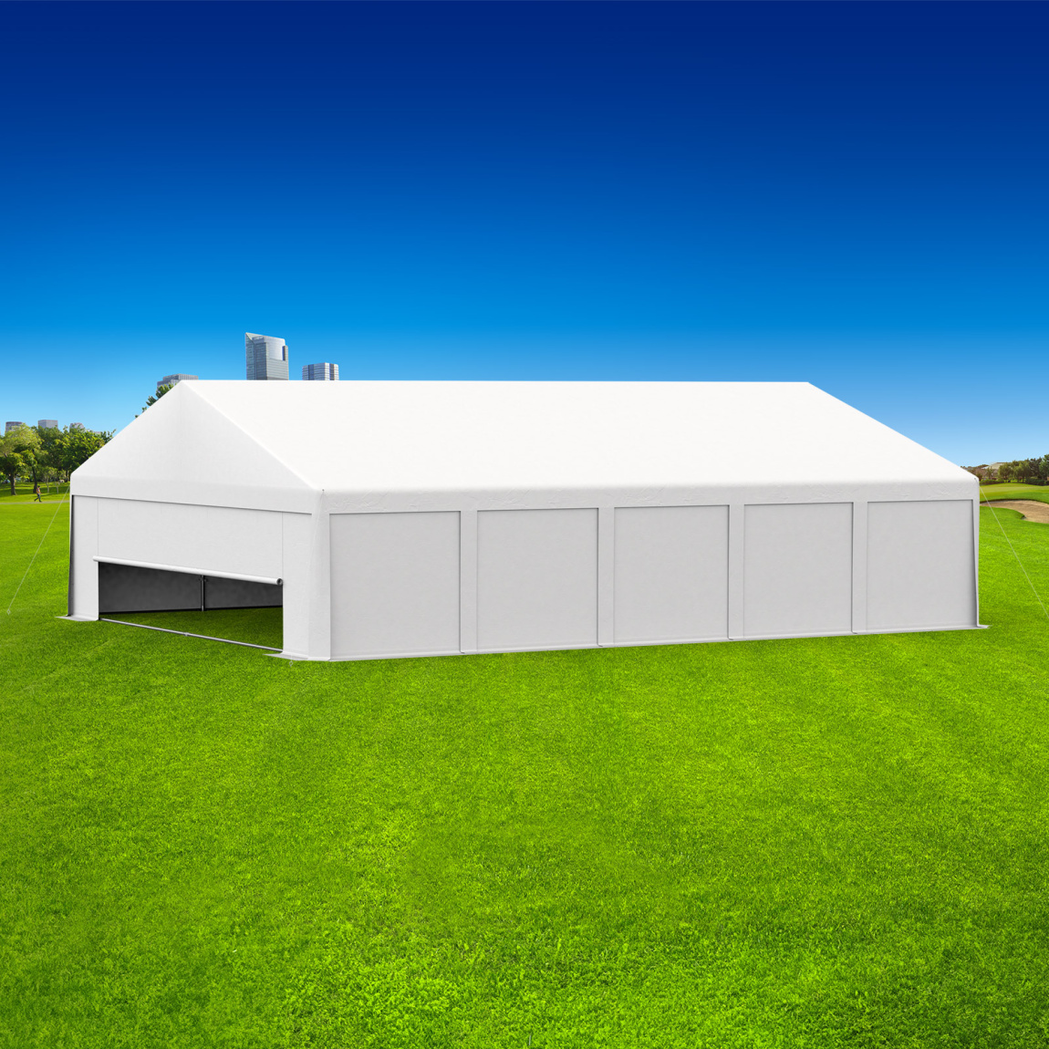 Partyzelt 8x10: Zeltseiten mit Vollwänden, Giebelseite vorn mit Tür