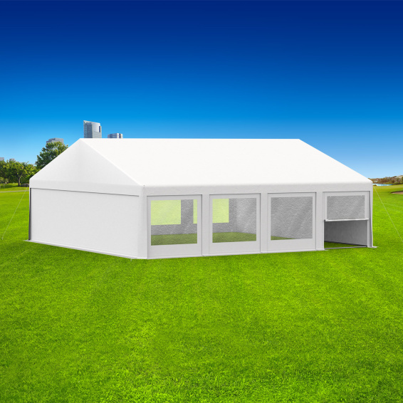 Partyzelt 8x8: Zeltseiten Wände mit Fenstern & Tür, Giebelseiten mit Vollwand