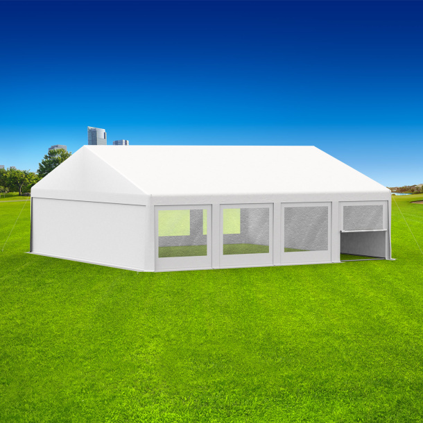 Partyzelt 8x8: Zeltseiten Wände mit Fenstern & Tür, Giebelseiten mit Vollwand