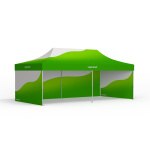 Faltzelt Select mit individuell bedrucktem Zeltdach und 3 Vollwänden