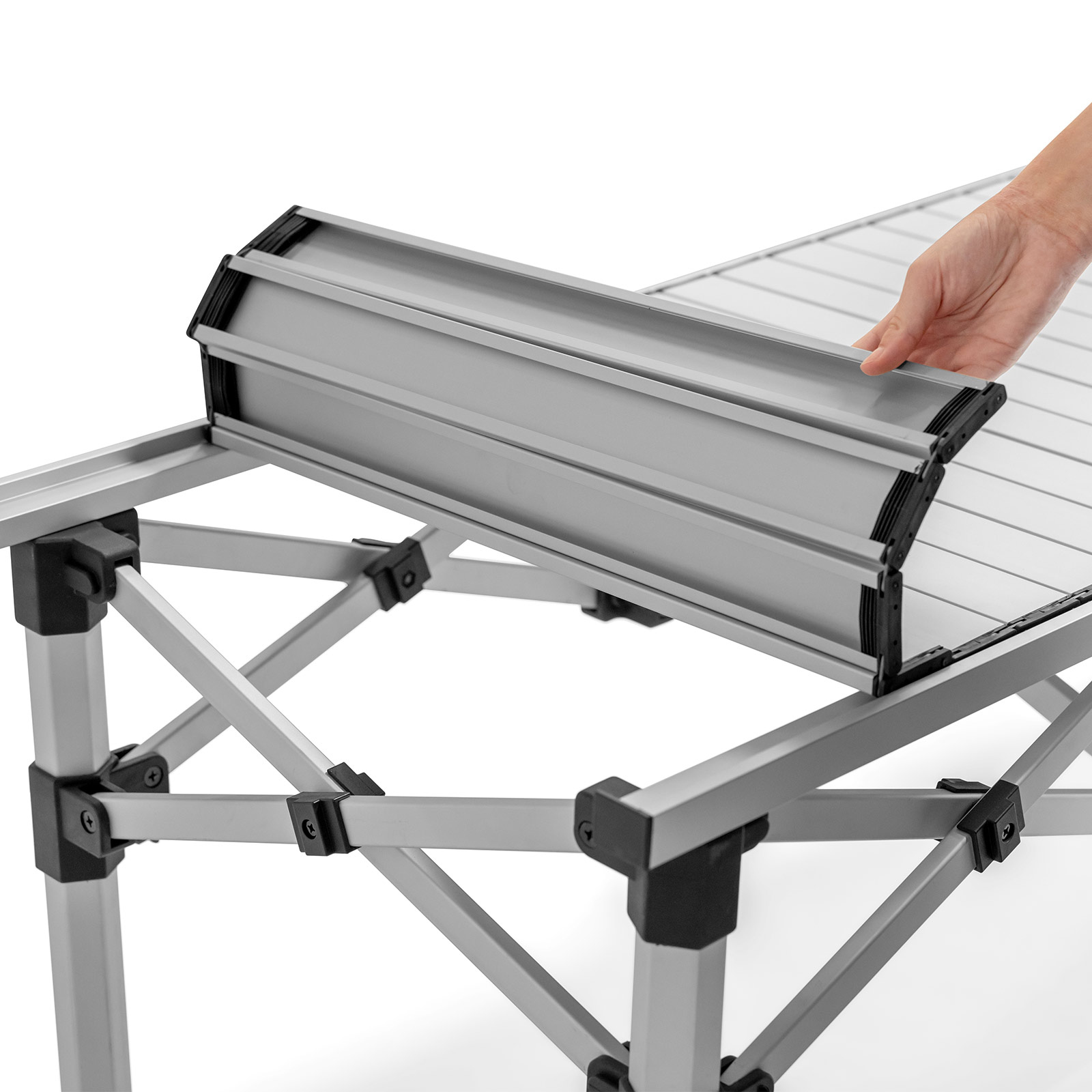 Aluminiumfalttisch mit rollbarer Tischauflage
