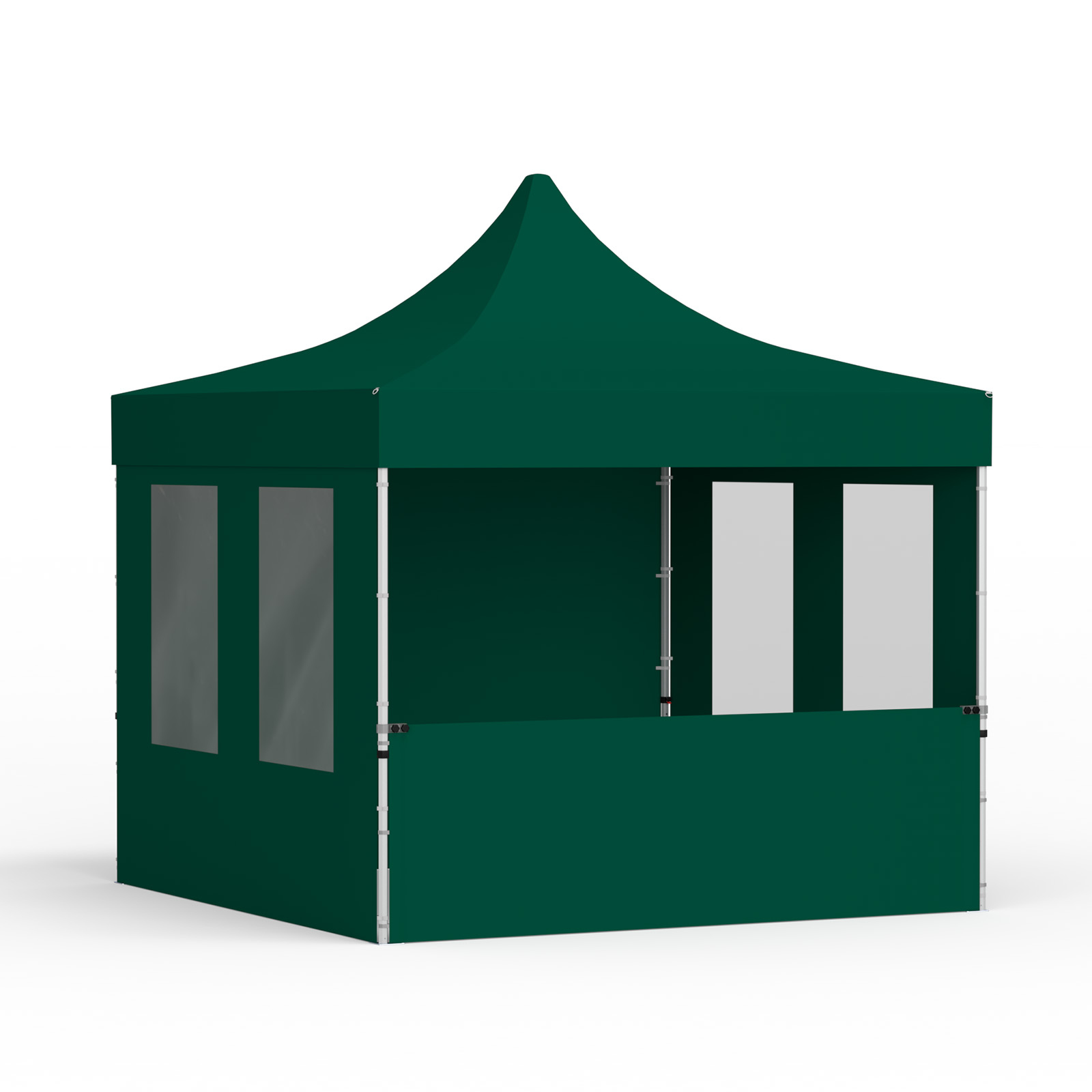 Faltzelt 3x3 m mit 1 Vollwand, 1 halbhohen Wand und 2 Wänden mit Fenstern, grün