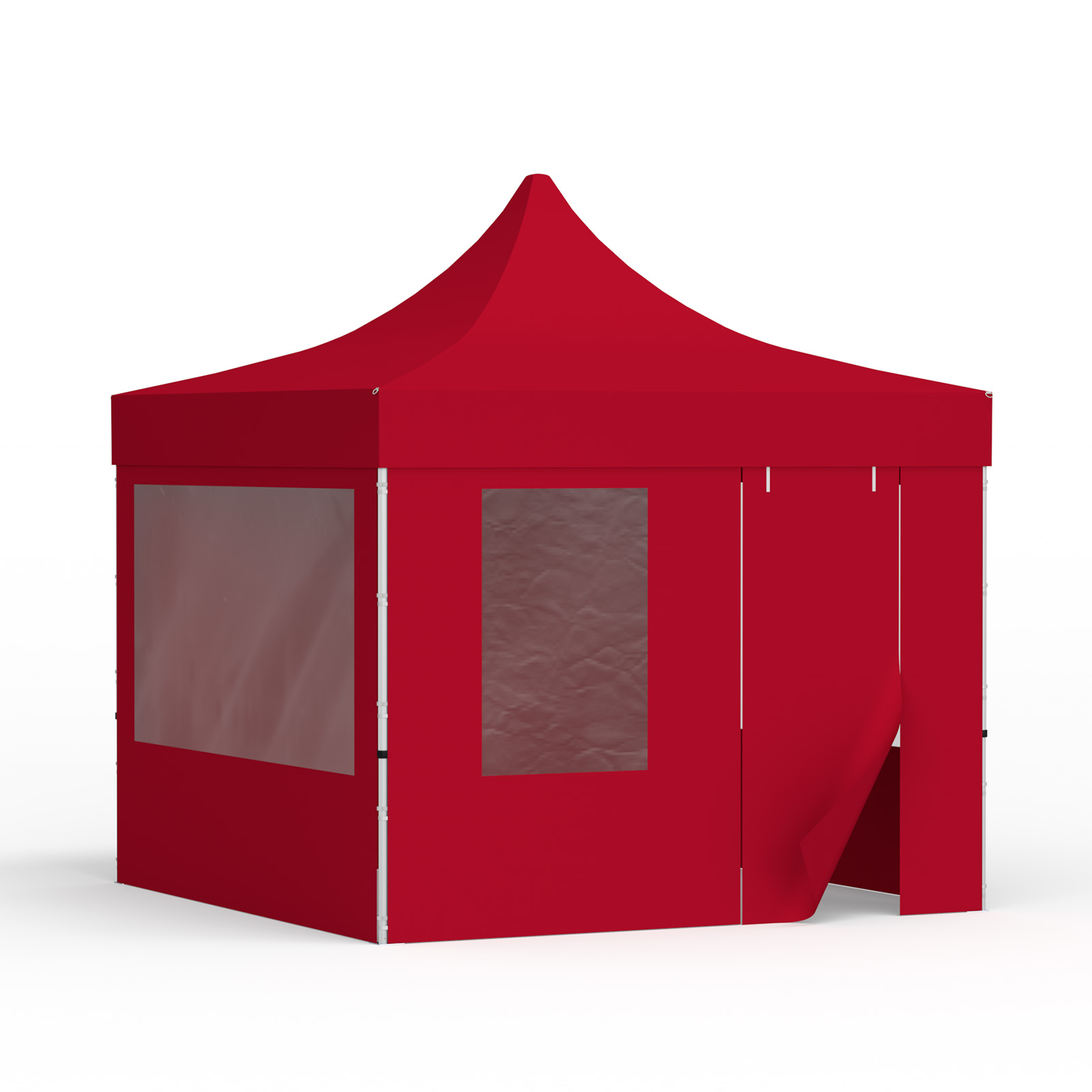 Faltzelt 3x3 m mit 1 Vollwand, 2 Wänden mit Panoramafenstern und 1 Wand mit Tür und Fenster, rot