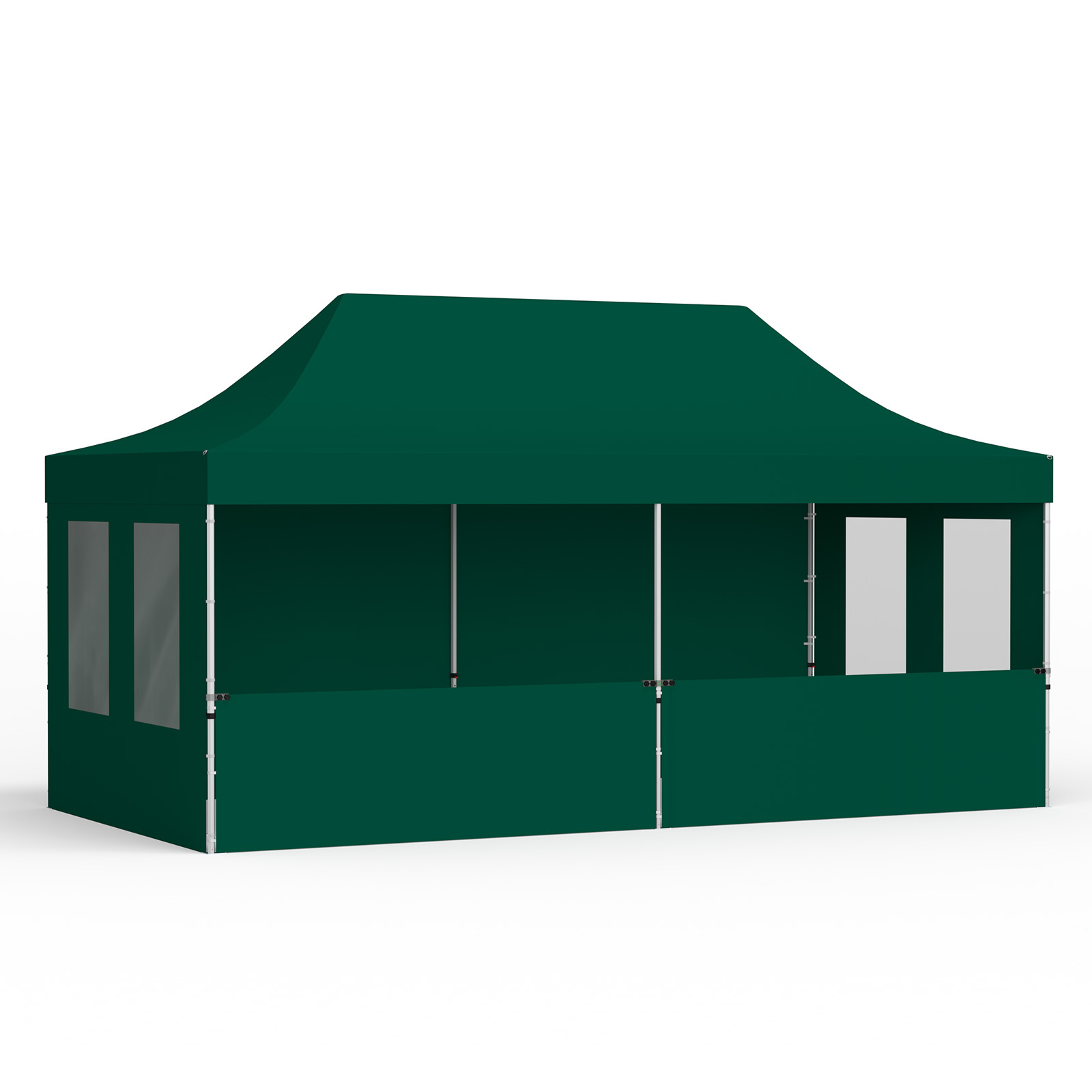 Faltzelt 3x6 m mit 1 Vollwand, 2 halbhohen Wänden und 2 Wänden mit Fenstern, grün