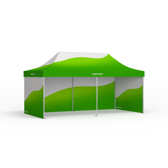 Faltzelt mit individuell bedrucktem Zeltdach und 3 Vollwänden