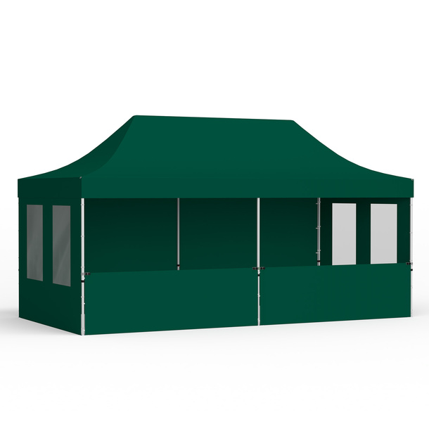 Faltzelt 3x6 m mit 1 Vollwand, 2 halbhohen Wänden und 2 Wänden mit Fenstern, grün