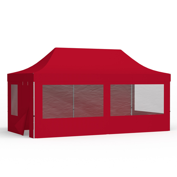 Faltzelt 3x6 m mit 1 Vollwand, 2 Wänden mit Panoramafenstern und 1 Wand mit Tür und Fenster, rot