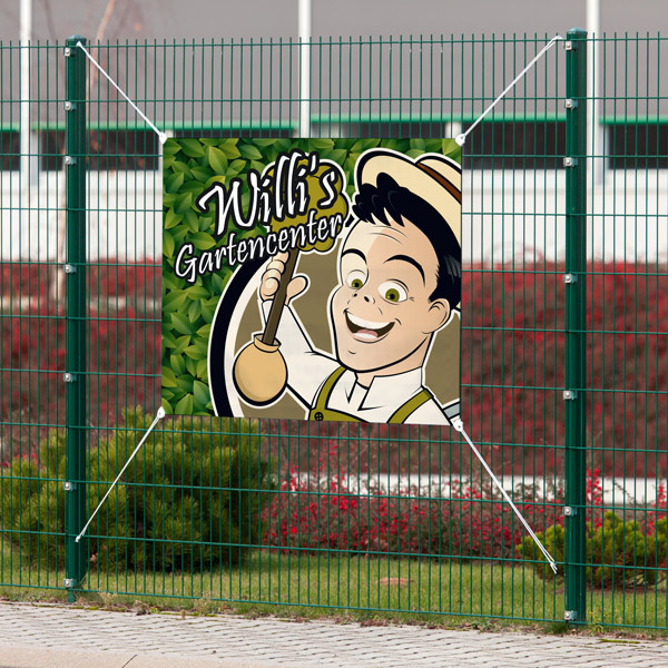 Werbeplane, Befestigung mit Klemm-Ösen an den Ecken