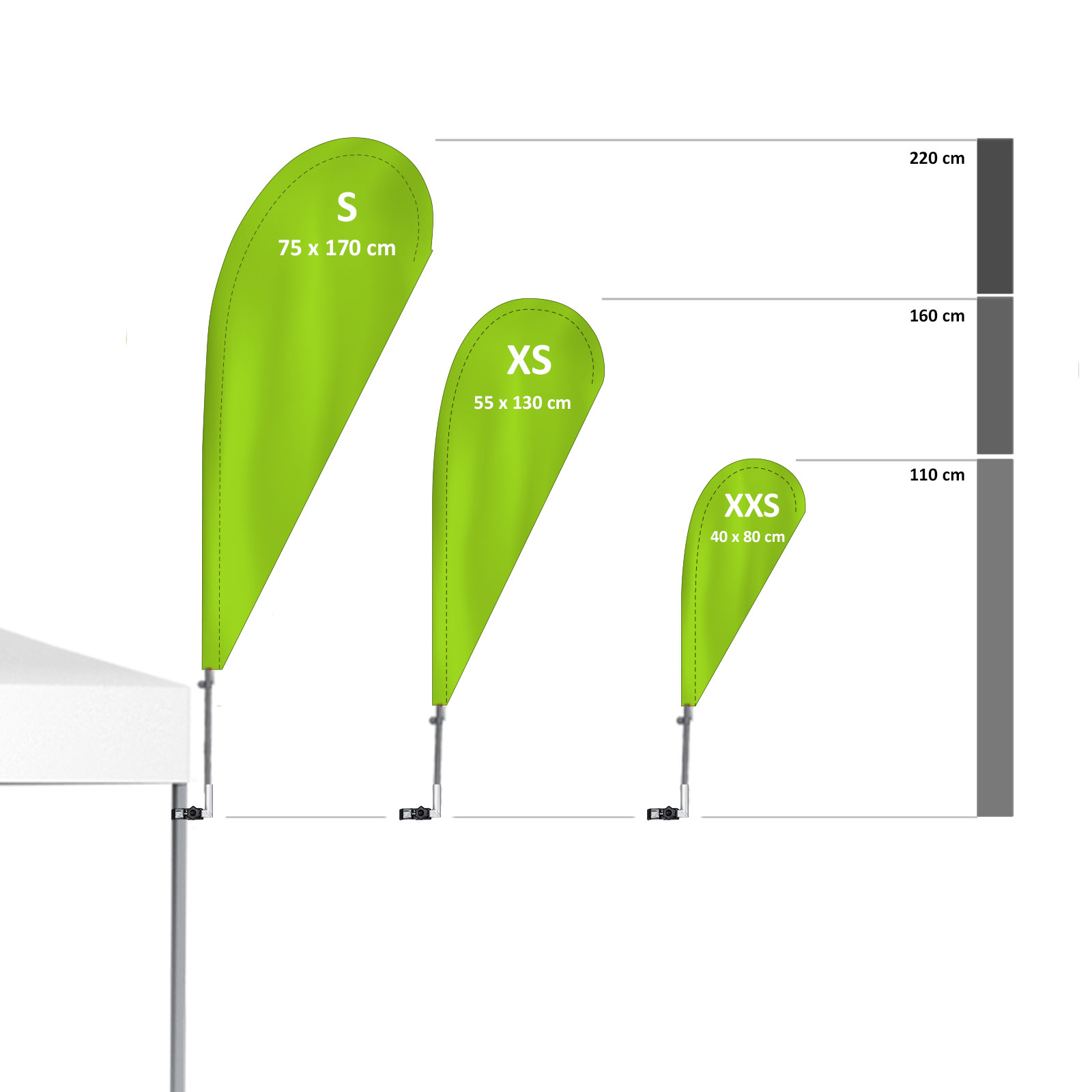 Größenvergleich Bowflag® Basic mit senkrechtem Bowflag®-Halter