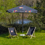 Perfekte Kombi in anthrazit: Sonnenschirm 300 x 300 cm und Liegestuhl mit partiellem DTF-Druck oder einfarbig