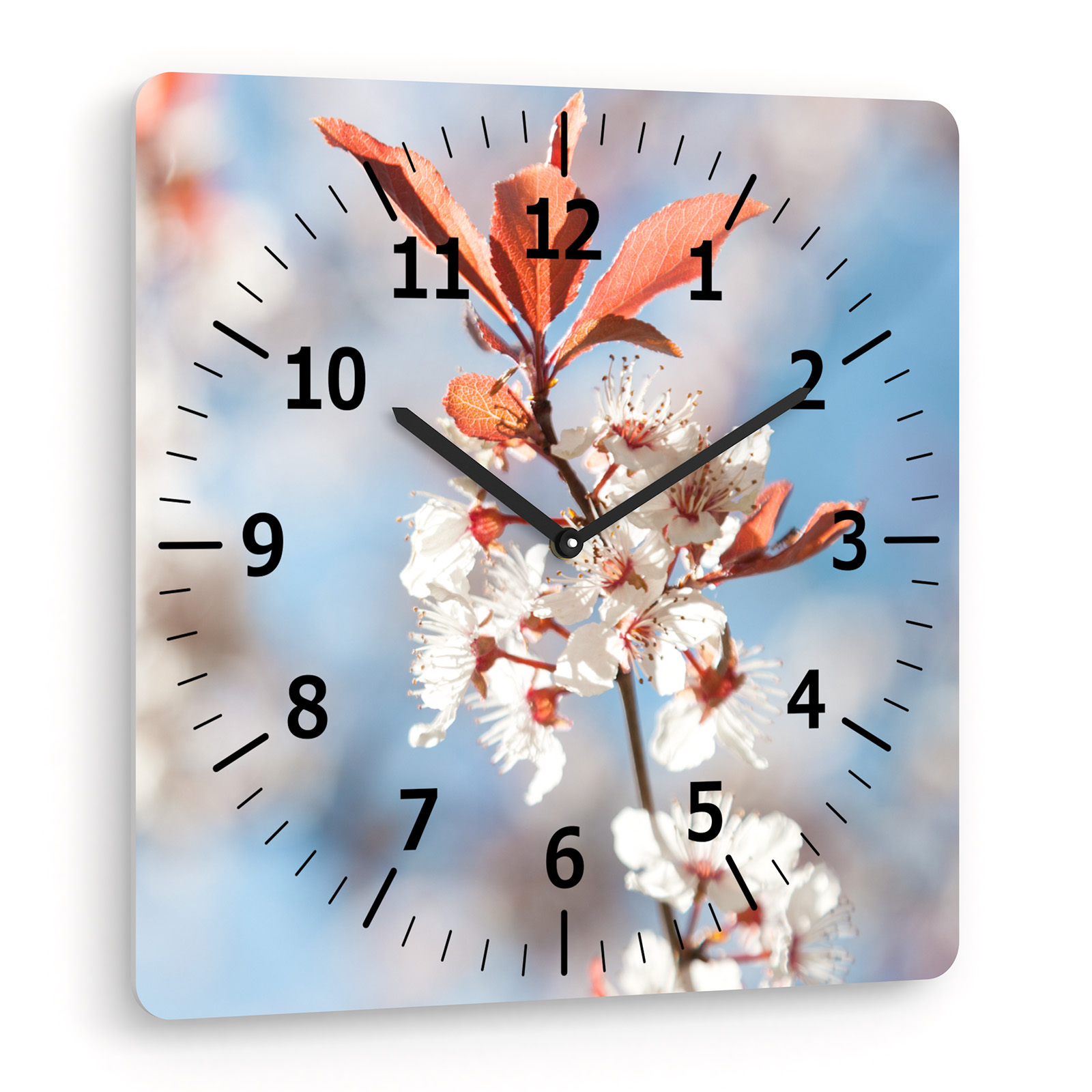 Wanduhr quadratisch mit Apfelblüten-Motiv